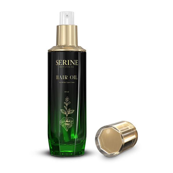 Serine Botanical Hair Oil with the cap off, showing the gold pump